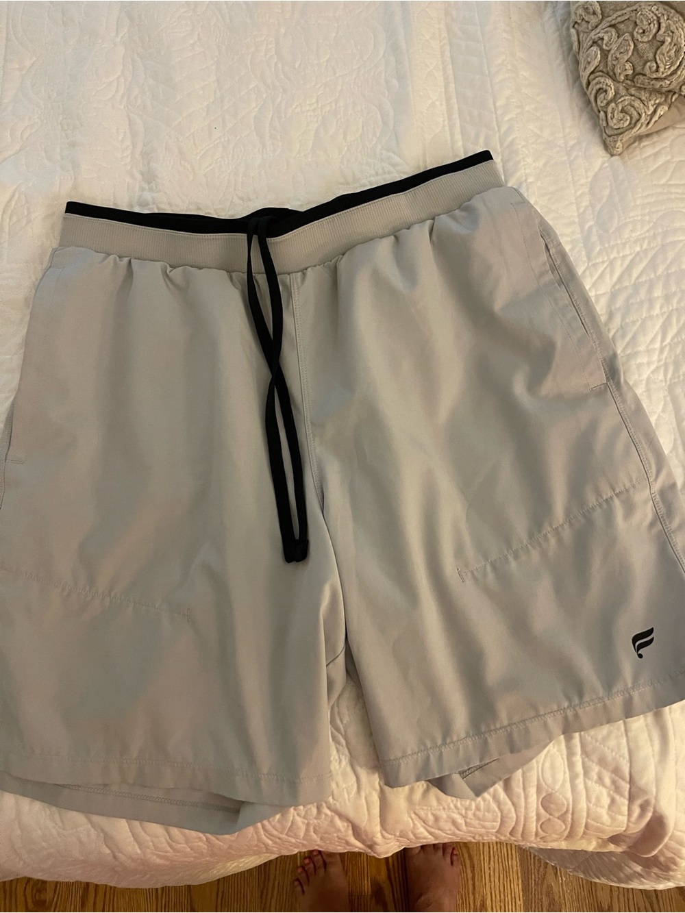 Fabletics Men's Light Gray Athletic Shorts with Black Waist Trim